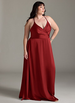 Azazie Davis Bridesmaid Dresses Pomegranate A-Line Pleated Stretch Satin Dress image9