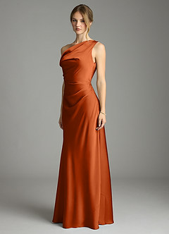 Azazie Emerson Bridesmaid Dresses Burnt Orange Mermaid Off the Shoulder Stretch Satin Dress image4