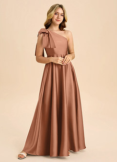 Azazie Penguin Junior Bronzer A-Line Bow Stretch Satin Dress image4