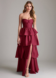 Azazie Faye Bridesmaid Dresses Burgundy A-Line Ruched Stretch Satin Dress image1