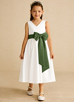Azazie Darling Flower Girl Dresses Ivory Olive A-Line Bow Cotton Dress image4
