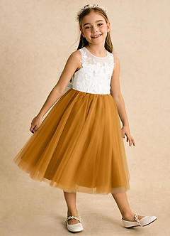 Azazie Lina Flower Girl Dresses Ivory Butterscotch Ball-Gown Lace Dress image4