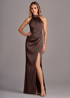 Azazie Jemma Jurken voor bruidsmeisjes Jurk van Stretch Satijn met Kolom Geplooid Ganache image4