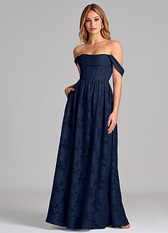 Azazie Hattie Brudtärnklänningar Klä av A-Linje i Blommig Utbrändhet Korsett Mörk Marinblå image1