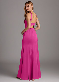 Azazie Elana Bridesmaid Dresses Fuchsia Sheath Side Slit Stretch Satin Dress image2