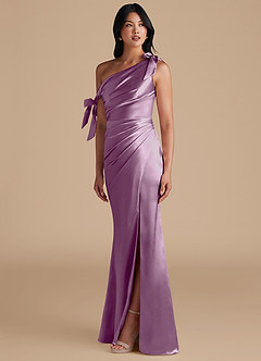 Azazie Xyla Bridesmaid Dresses Wisteria Sheath Off the Shoulder Metallic Satin Convertible Dress image6