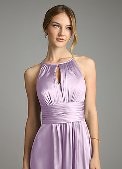 Azazie Bonnie Bridesmaid Dresses Frosted Lilac A-Line Pleated Stretch Satin Dress image2