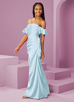 Barbie ♥ Azazie Bridesmaid Dresses Sky Blue Sheath Off the Shoulder Stretch Satin Convertible Dress image4