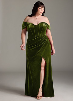 Azazie Jas Robes de demoiselle d'honneur Robe Fourreau Convertible en velours Schulterfreies Korsett Olive image11