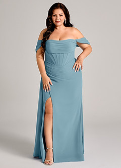 Azazie Amyra Bridesmaid Dresses Moody Blue Sheath Off the Shoulder Chiffon Convertible Dress image13