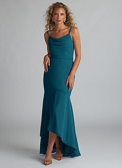 Azazie Summer Bridesmaid Dresses Ink Blue Mermaid Scoop Cowl Chiffon Dress image1