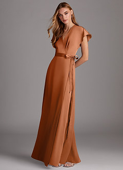 Azazie Nico Bridesmaid Dresses Copper A-Line V-Neck Stretch Satin Dress image4
