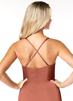Azazie Marzia Brautjungfernkleider Etui Kutte Gefaltet Stretch-Satin Kleid Lehm image3