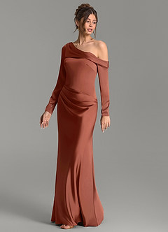 Azazie Sandra Brautjungfernkleider Meerjungfrau-Linie Langarm Stretch-Satin Kleid Rotbraun image4