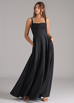 Azazie Shaude Vestidos de damas de honor Vestido de Negro de Satén Elástico de Corte en A con Plisado image3