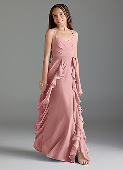 Azazie Peyton Junior Vestido de Rosa Polvorienta de Gasa de Corte En A con Volantes en cascada Cuello en V image3