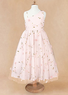 Azazie Ivilia Flower Girl Dresses Blushing Pink A-Line One Shoulder Tulle Dress image6