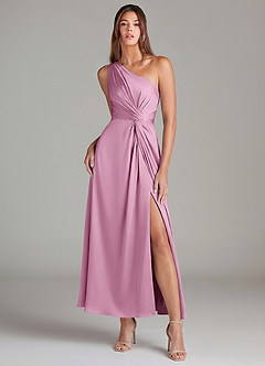 Azazie Brooke Robes de demoiselle d'honneur Robe Trapèze en Satin extensible Une épaule Rose Bonbon image1