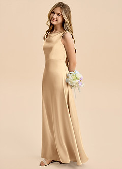 Azazie Kiki Junior Robe Trapèze en Satin extensible Arc Champagne image1