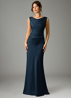 Azazie Kieryn Bridesmaid Dresses Dark Navy Mermaid Pleated Stretch Satin Dress image1