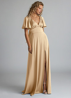 Azazie Kimber Brudtärnklänningar Klänning av A-Line i Stretch Satin Ruched Champagne image4