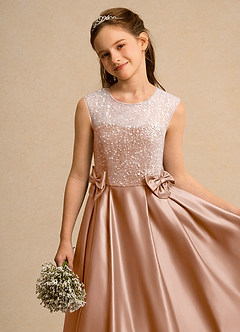 Azazie Candy Girl Flower Girl Dresses Champagne Rose Ball-Gown Bow Matte Satin Dress image8