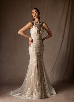 Azazie Sheila Vestidos de novia Vestido de Blanco Diamante Nude de Tul de Corte Sirena con Lentejuela image4