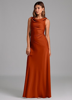 Azazie Nerine Bridesmaid Dresses Paprika A-Line Pleated Stretch Satin Dress image1