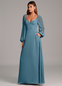 Azazie Annistyn Robes de demoiselle d'honneur Robe Trapèze en Mousseline de soie Manche longue Bermude image1