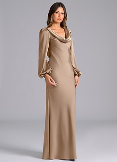 Azazie Rylina Bridesmaid Dresses Taupe Mermaid Long Sleeve Stretch Satin Dress image3