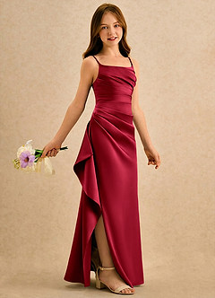 Azazie Cannoli Girls Formal Flower Girl Dresses Scarlet A-Line Pleated Matte Satin Dress image1