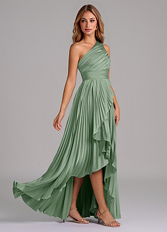 Azazie Lyrica 신부 들러리 드레스 A라인 한쪽 어깨 스트레치 새틴 비대칭 드레스 image2