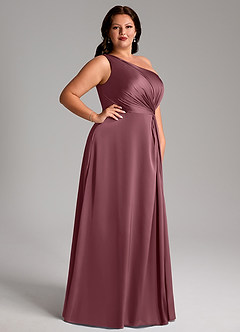 Azazie Brooke Vestidos de damas de honor Vestido Rosa Del Desierto de Satén Elástico de Línea A con Un hombro image11