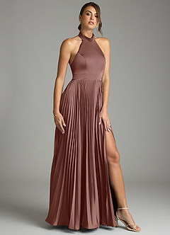 Azazie Zienna 신부 들러리 드레스 A라인 주름진 스트레치 새틴 바닥 길이 드레스 image1