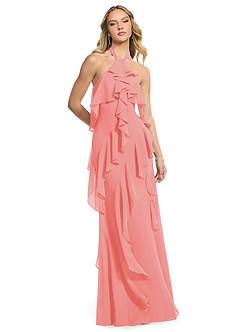 Azazie Velma Bridesmaid Dresses Coral A-Line Side Slit Chiffon Dress image3