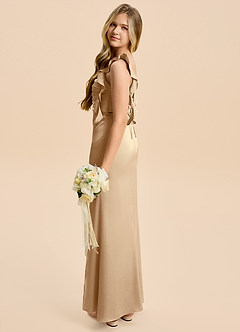 Azazie Jessamine Junior Champagne Sheath Ruched Stretch Satin Dress image3