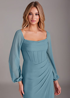 Azazie Charissa Bridesmaid Dresses Moody Blue Sheath Long Sleeve Chiffon Dress image7