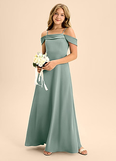 Azazie Anselie Junior Silver Sage A-Line Off the Shoulder Stretch Satin Dress image1