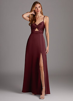 Azazie Jenna Bridesmaid Dresses Cabernet A-Line Pleated Stretch Satin Dress image1