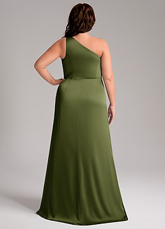 Azazie Phaedra Bridesmaid Dresses Olive A-Line One Shoulder Stretch Satin Dress image9