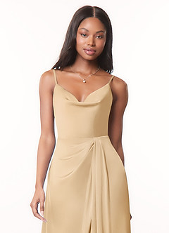 Azazie Brielle Bridesmaid Dresses Gold A-Line Cowl Spaghetti Straps Stretch Satin Dress image4