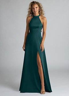 Azazie Clarice Bridesmaid Dresses Pine A-Line High Neck Stretch Satin Dress image4