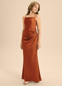Azazie Renna Junior Cinnamon A-Line Pleated Stretch Satin Dress image1