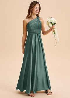 Azazie Charlize Junior A라인 주름진 스트레치 새틴 플로어 길이 주니어 신부 들러리 드레스 image3