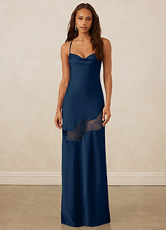 Christian Siriano Bridal for Azazie 1012 Bridesmaid Dresses Dark Navy Sheath Lace Stretch Satin Dress image1