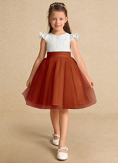 Azazie Vetty Flower Girl Dresses Ivory Paprika A-Line Lace Tulle Dress image6