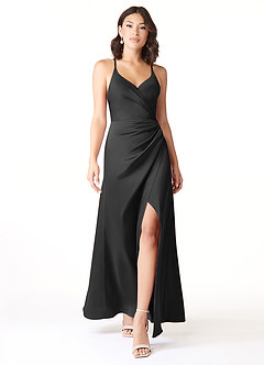 Azazie Geanna Bridesmaid Dresses Black Sheath V-Neck Pleated Stretch Satin Dress image1