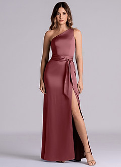 Azazie Philana Bridesmaid Dresses Desert Rose A-Line One Shoulder Stretch Satin Dress image2