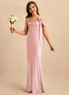 Azazie Kai Girls Formal Robe Demoiselle D'honneur Fillette Robe Fourreau en Satin extensible Plissée Rose Poudré image3
