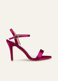 front Champagnerfarbene High Heels aus Satin mit Knöchelriemen